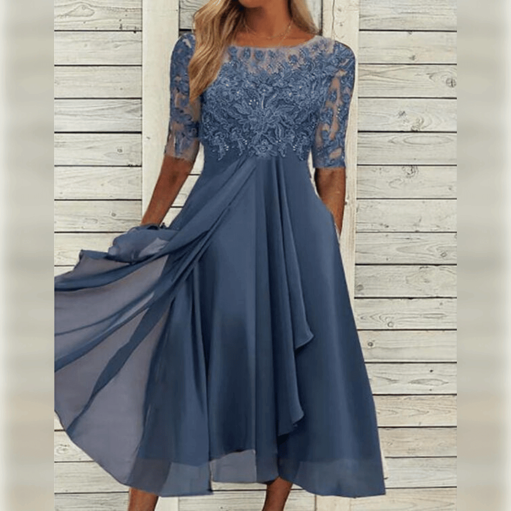 Danielle Robe Longue Femme – Robe Élégante en Mousseline avec Dentelle Raffinée et Coupe Fluide