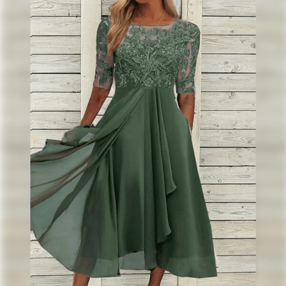 Danielle Robe Longue Femme – Robe Élégante en Mousseline avec Dentelle Raffinée et Coupe Fluide