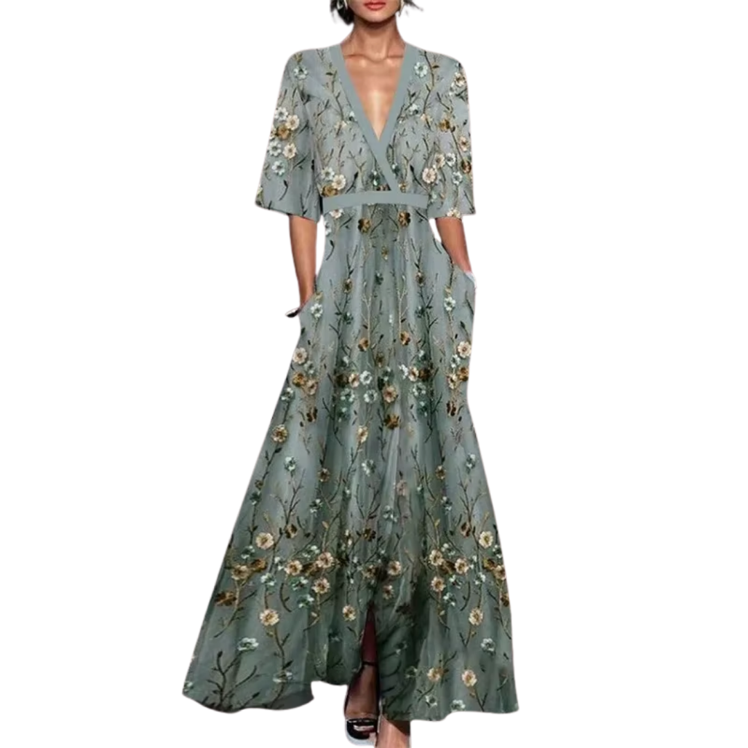Vanessa Robe Printanière Femme – Robe Fleurie Élégante avec Col en V & Taille Cintrée