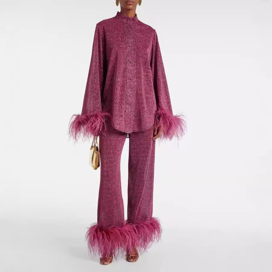 Harlow Ensemble Femme – Ensemble Deux Pièces Élégant avec Finitions à Plumes & Coupe Ample