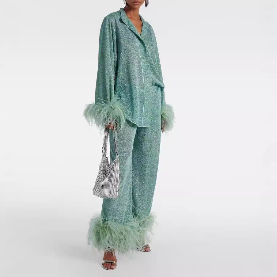 Harlow Ensemble Femme – Ensemble Deux Pièces Élégant avec Finitions à Plumes & Coupe Ample