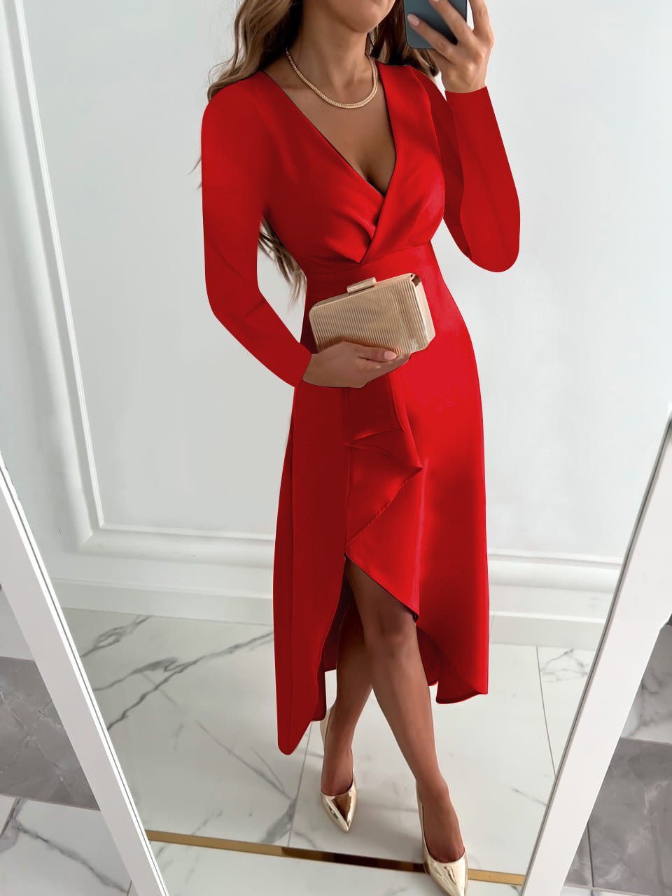 Juliette Robe Longue Femme – Robe Élégante à Col V, Manches Longues & Coupe Féminine Chic