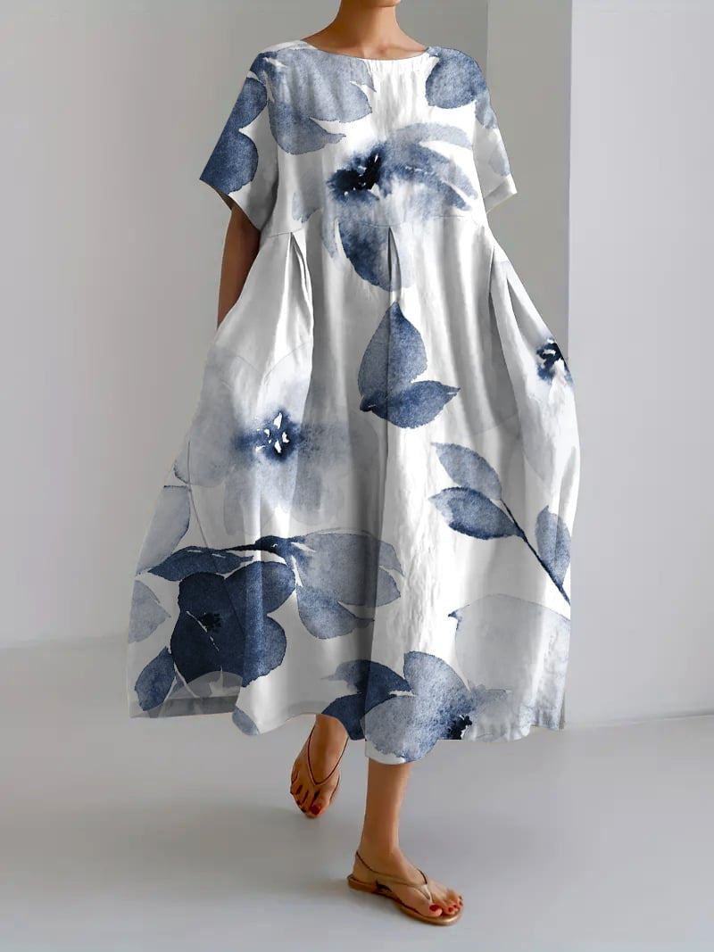 Rachel Robe Midi Femme – Robe Fleurie Légère avec Col Rond et Coupe Fluide Élégante