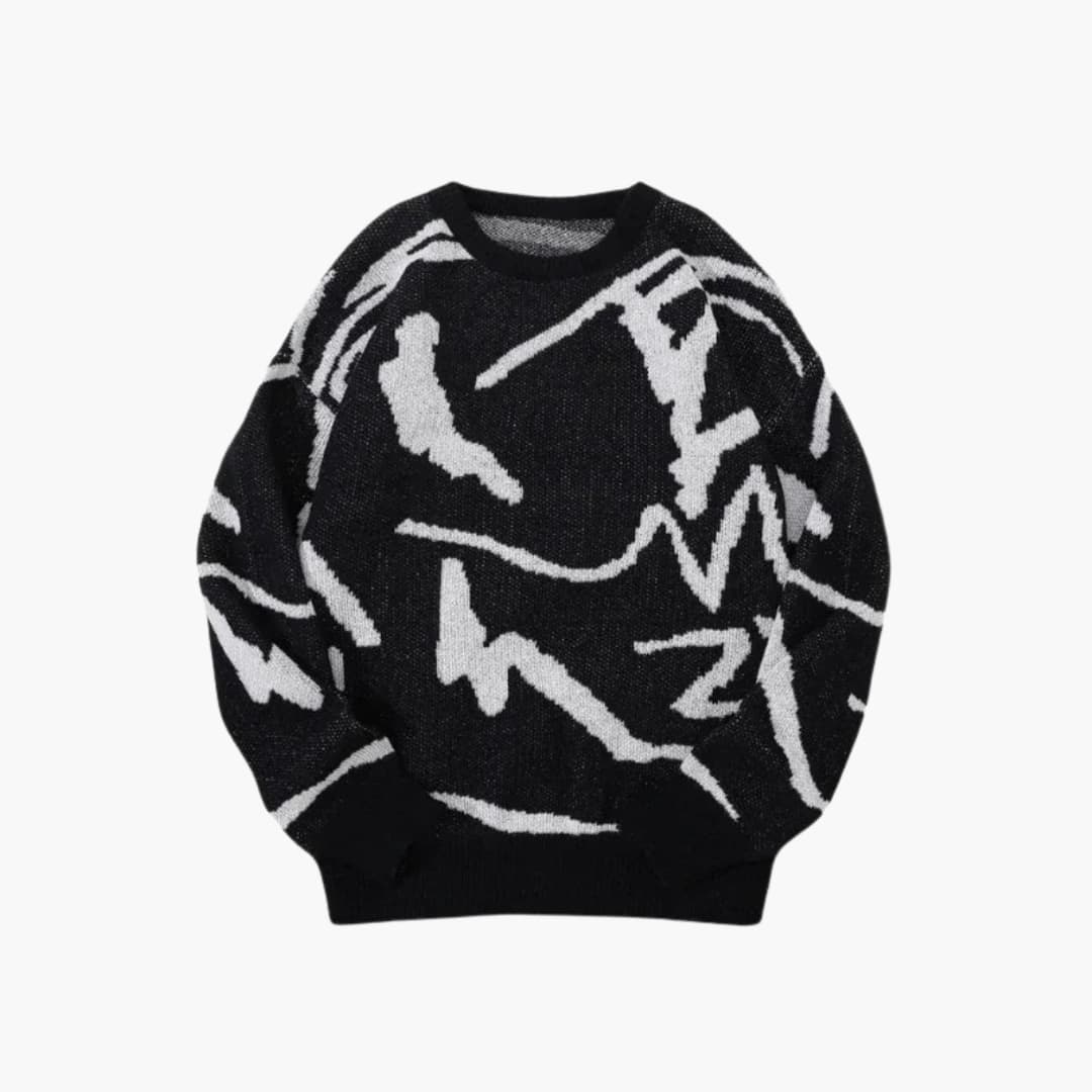 Nathan Pull Homme en Maille – Pull à Motif Abstrait avec Col Rond et Finitions Côtelées