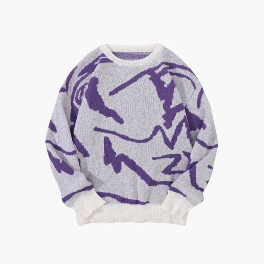 Nathan Pull Homme en Maille – Pull à Motif Abstrait avec Col Rond et Finitions Côtelées