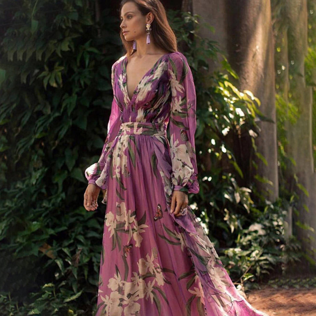 Jade Robe Maxi Femme – Robe Longue Fluide en Polyester Léger avec Motif Élégant d’Été