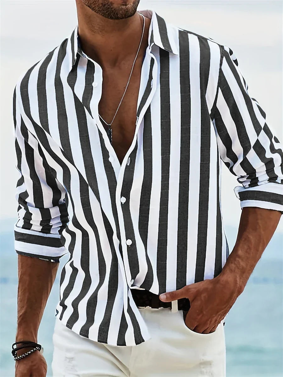 Thierry Chemise Homme en Lin – Chemise Rayée en Coton et Lin avec Coupe Décontractée pour l'Été