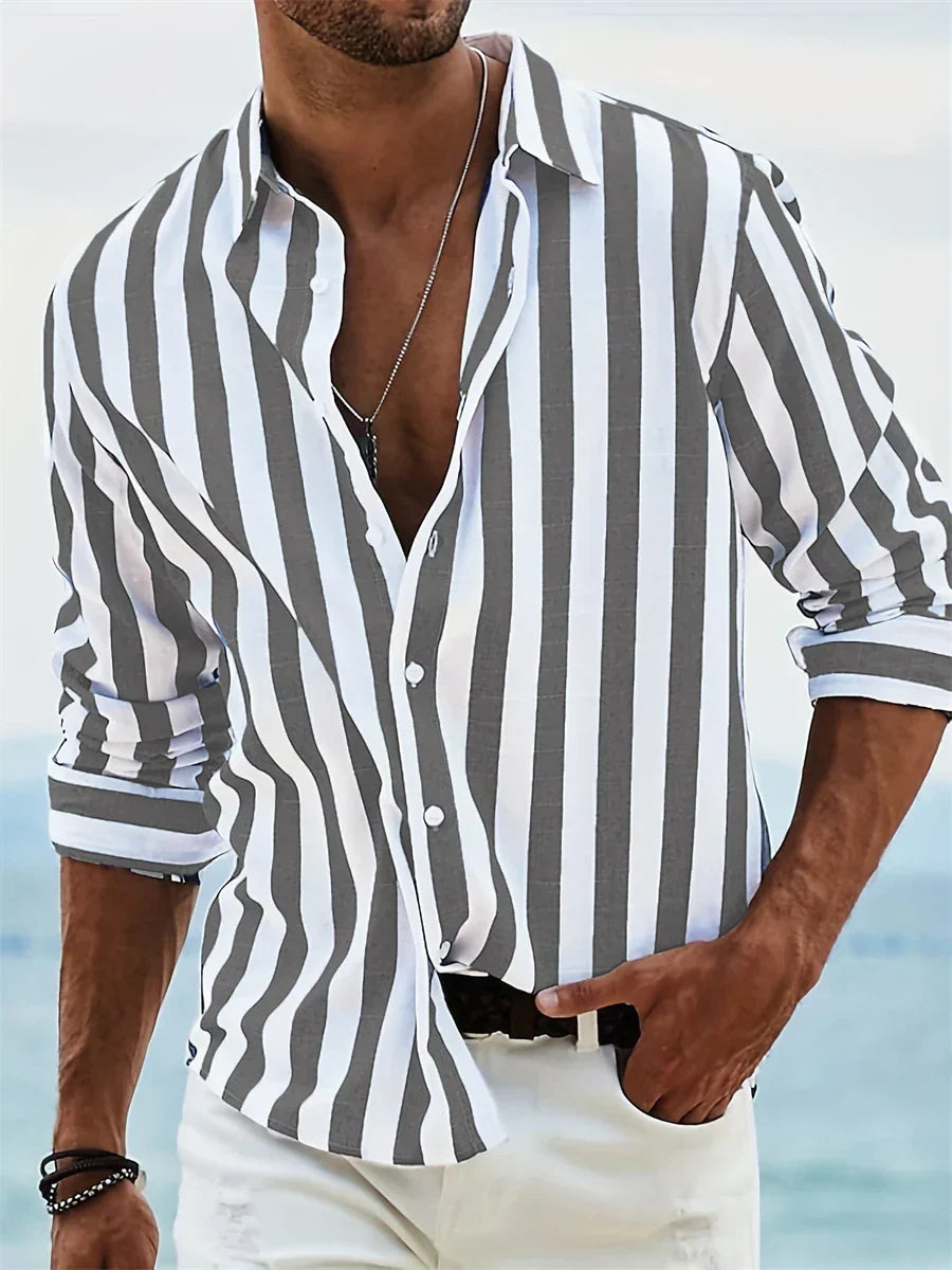 Thierry Chemise Homme en Lin – Chemise Rayée en Coton et Lin avec Coupe Décontractée pour l'Été