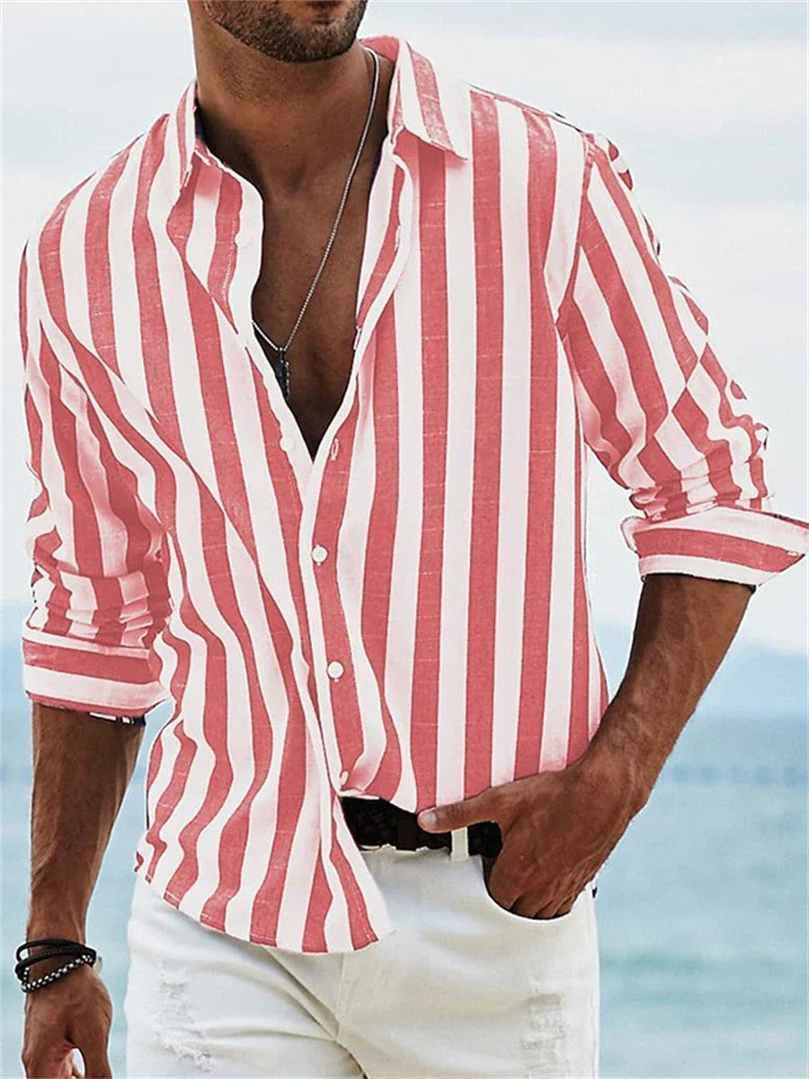 Thierry Chemise Homme en Lin – Chemise Rayée en Coton et Lin avec Coupe Décontractée pour l'Été