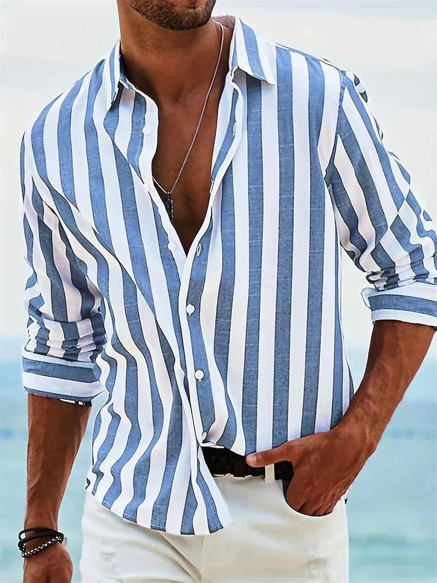 Thierry Chemise Homme en Lin – Chemise Rayée en Coton et Lin avec Coupe Décontractée pour l'Été