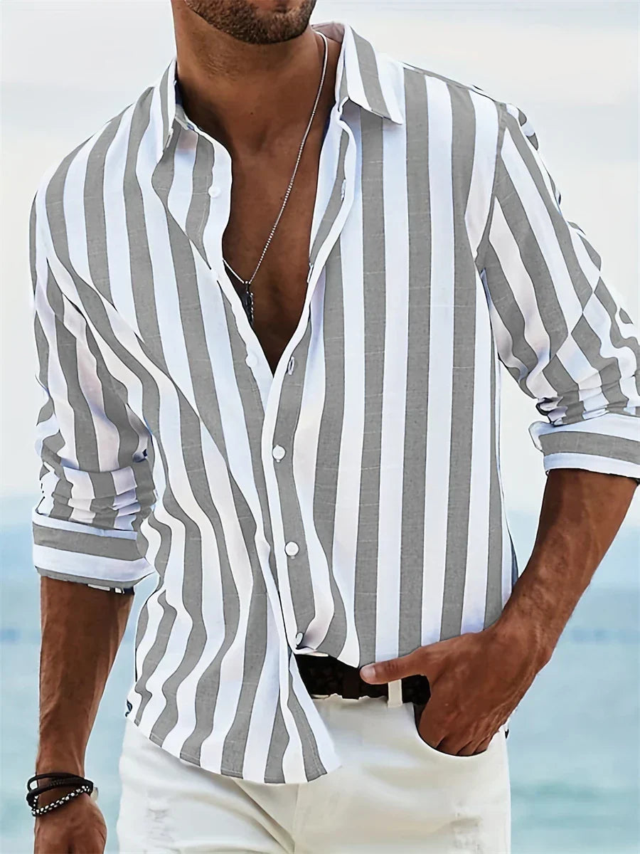 Thierry Chemise Homme en Lin – Chemise Rayée en Coton et Lin avec Coupe Décontractée pour l'Été