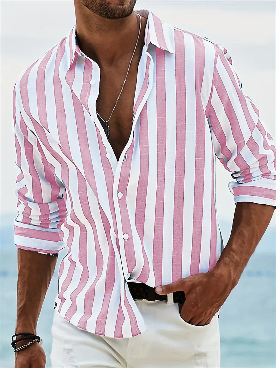 Thierry Chemise Homme en Lin – Chemise Rayée en Coton et Lin avec Coupe Décontractée pour l'Été