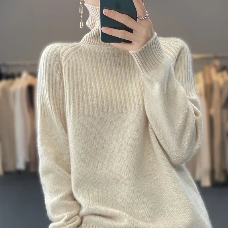 Lou Pull Femme Col Roulé – Tricot Doux à Maille Côtelée & Coupe Relax Élégante