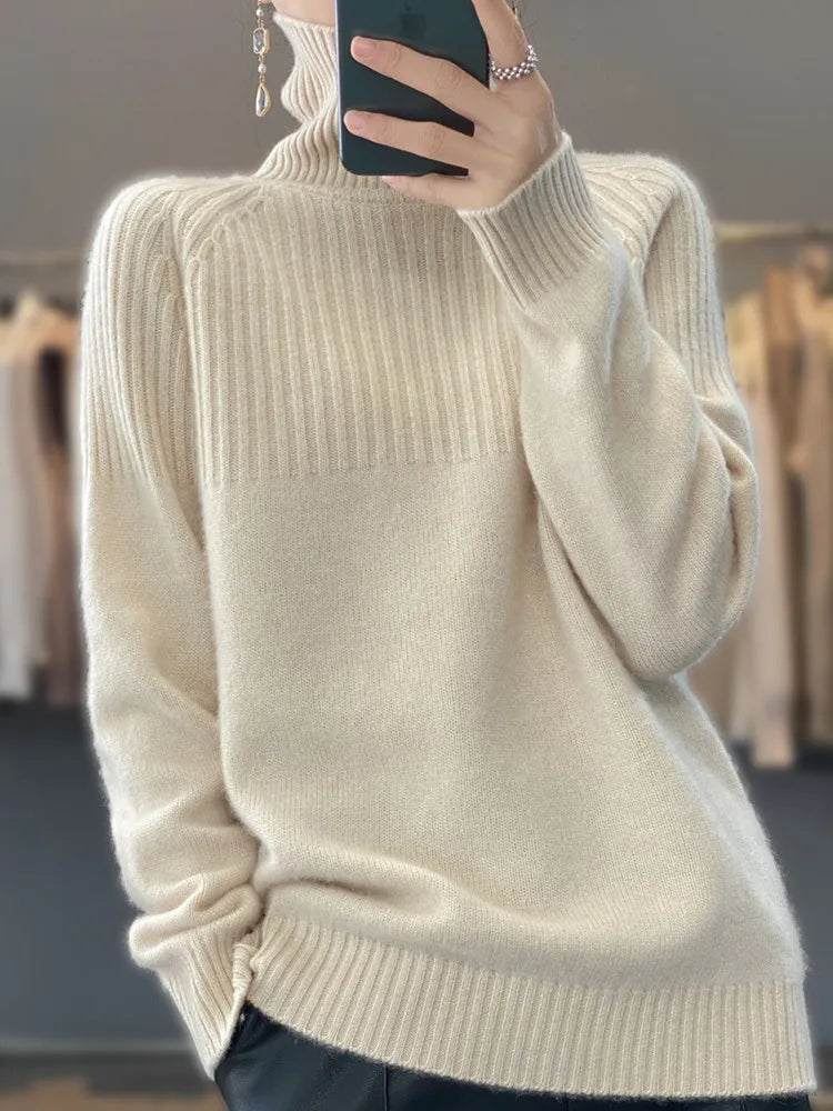 Lou Pull Femme Col Roulé – Tricot Doux à Maille Côtelée & Coupe Relax Élégante