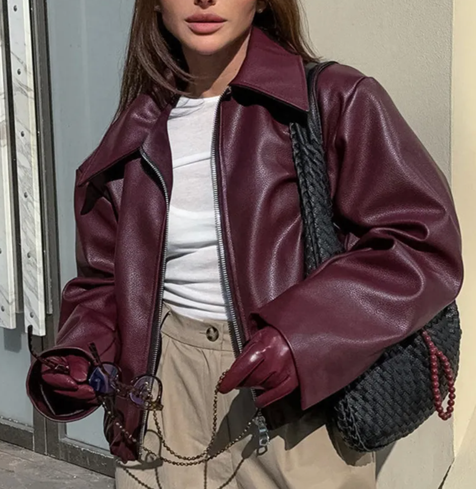 Lorena Veste Bomber Femme en Similicuir – Coupe Oversize Moderne avec Col Classique & Zip
