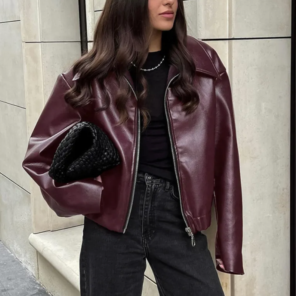 Lorena Veste Bomber Femme en Similicuir – Coupe Oversize Moderne avec Col Classique & Zip
