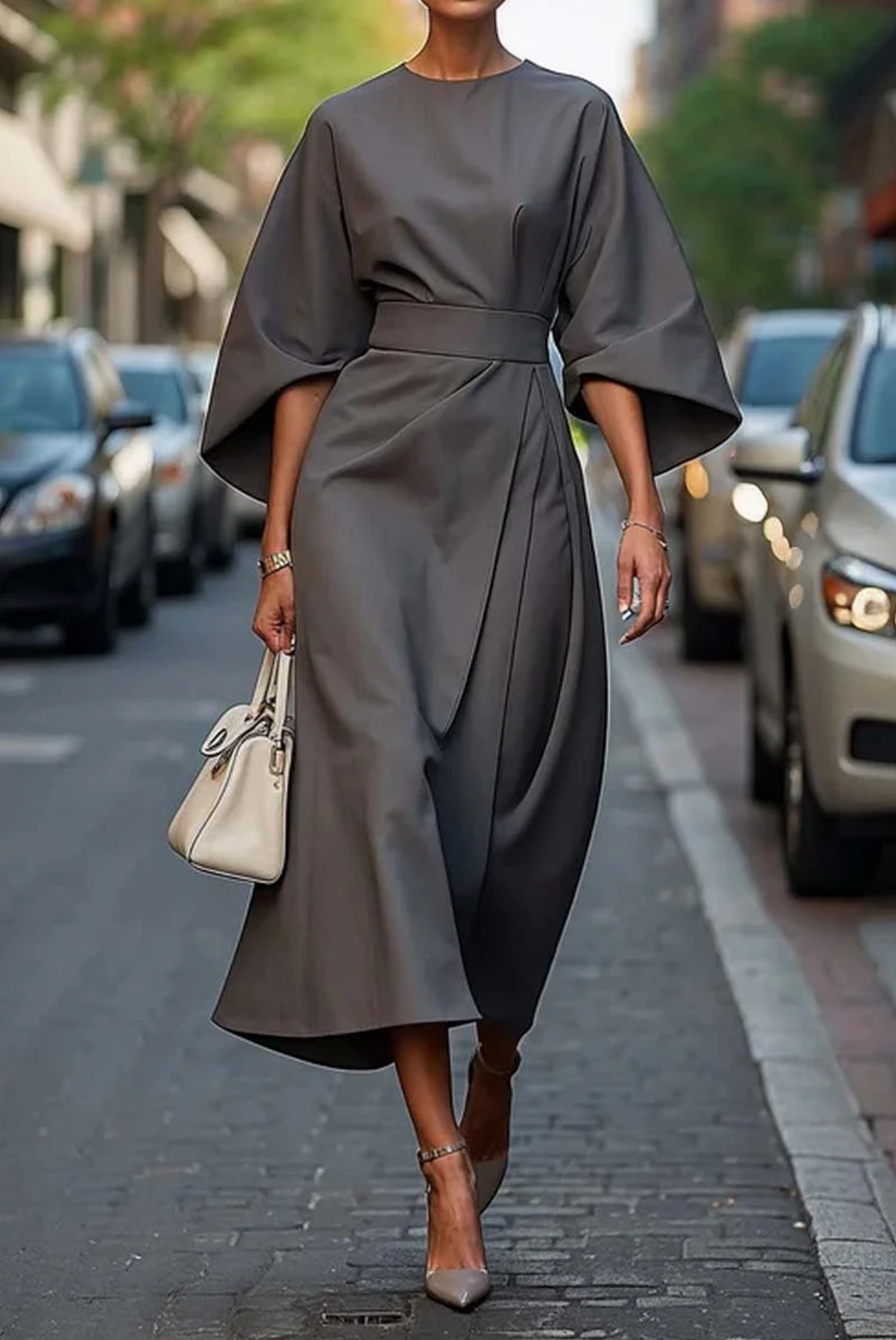 Valentina Robe Élégante Femme – Robe Cintrée avec Manches Lanternes et Taille Ajustable