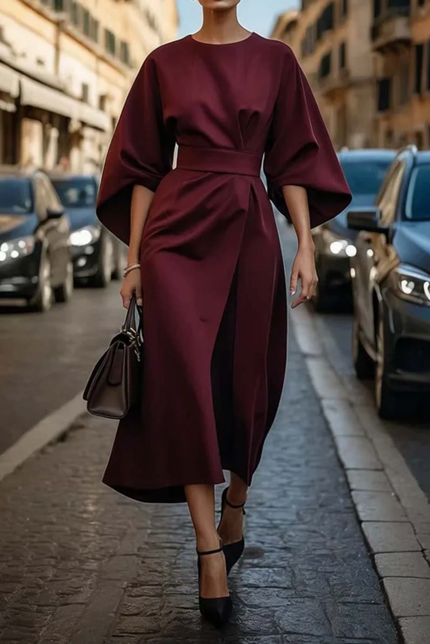 Valentina Robe Élégante Femme – Robe Cintrée avec Manches Lanternes et Taille Ajustable