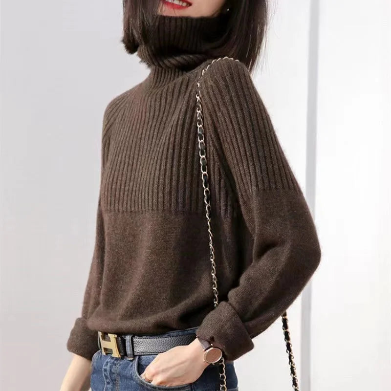 Lou Pull Femme Col Roulé – Tricot Doux à Maille Côtelée & Coupe Relax Élégante