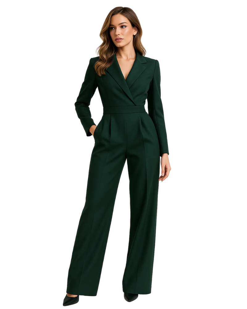 Julie Combinaison Femme Style Blazer – Col V Élégant, Jambes Larges & Coupe Chic