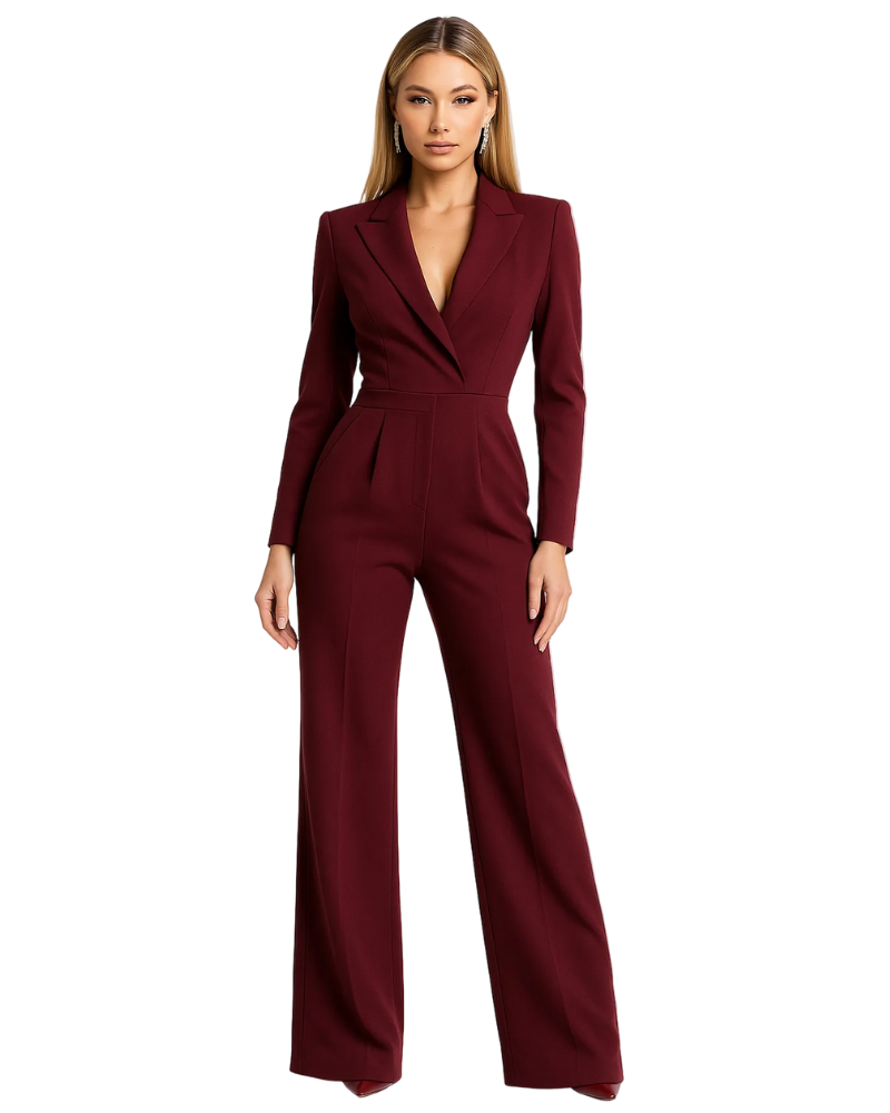 Julie Combinaison Femme Style Blazer – Col V Élégant, Jambes Larges & Coupe Chic