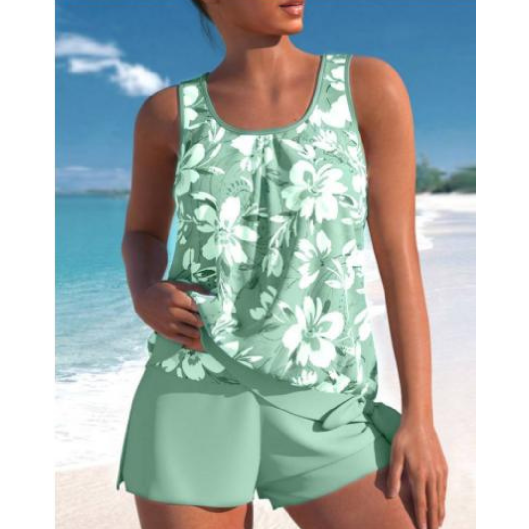 Ashley Tankini Femme – Maillot de Bain Fleuri Deux Pièces avec Short & Coupe Sans Manches Confortable