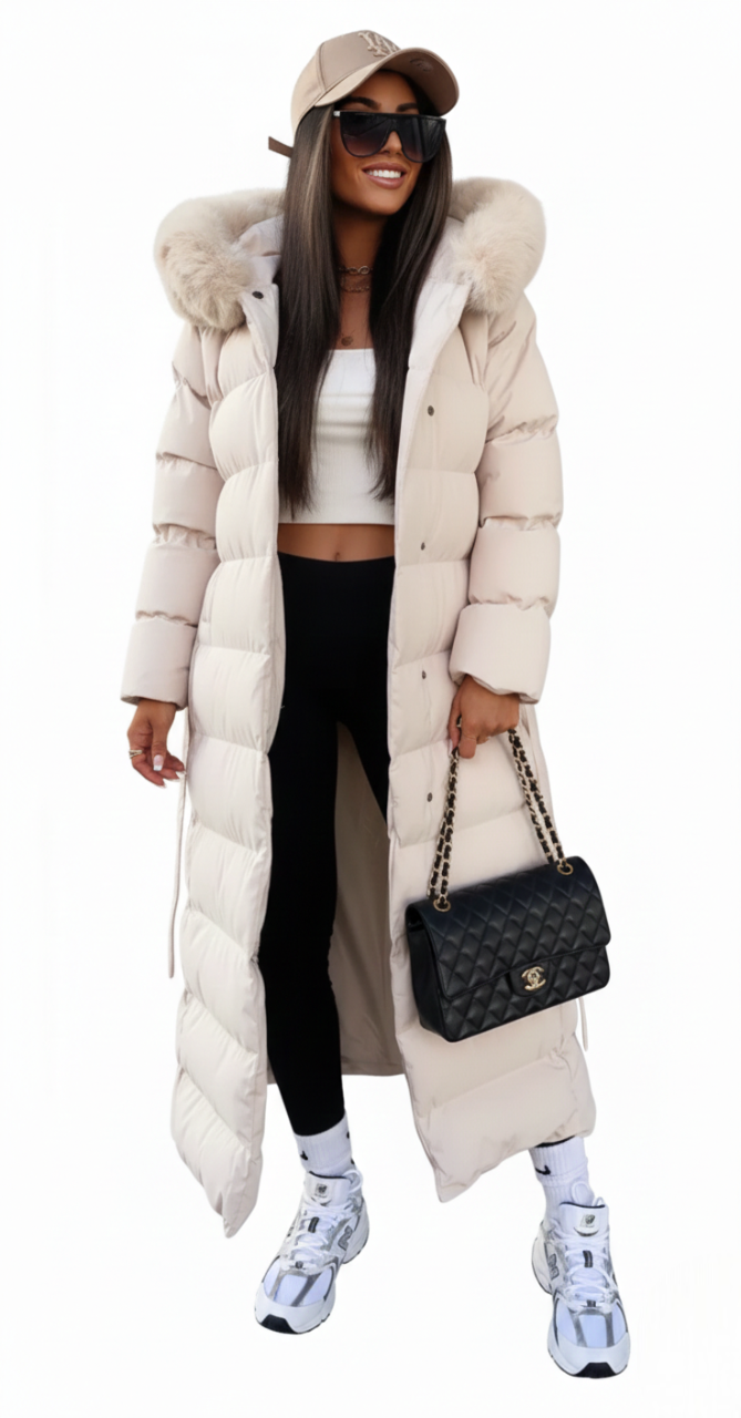 Isabelle Manteau Long d'Hiver Femme – Doudoune Élégante avec Col en Fausse Fourrure et Ceinture Ajustable