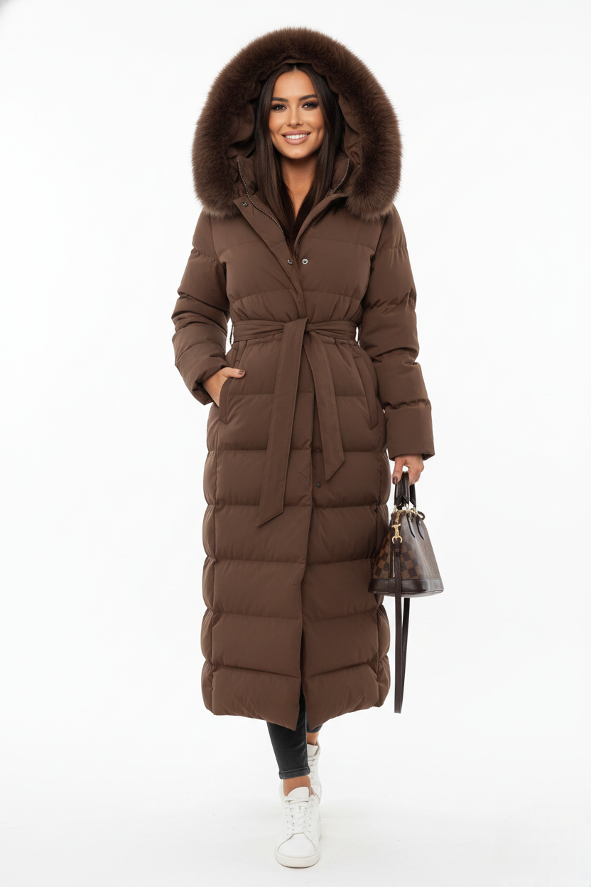 Isabelle Manteau Long d'Hiver Femme – Doudoune Élégante avec Col en Fausse Fourrure et Ceinture Ajustable