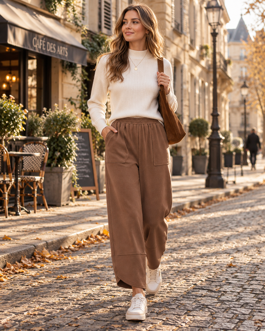 Leonardo Pantalon Large Femme – Taille Élastique, Ourlet Arrondi et Poches Latérales