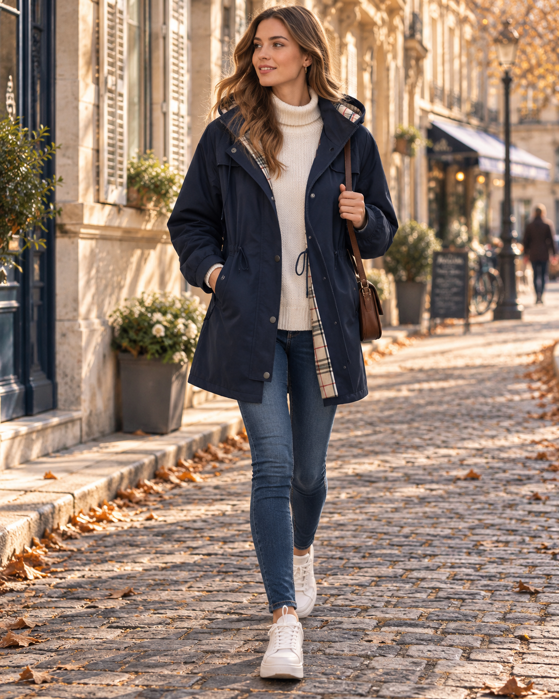 Mallory Imperméable Long Femme – Capuche et Taille Ajustables, Doublure à Carreaux