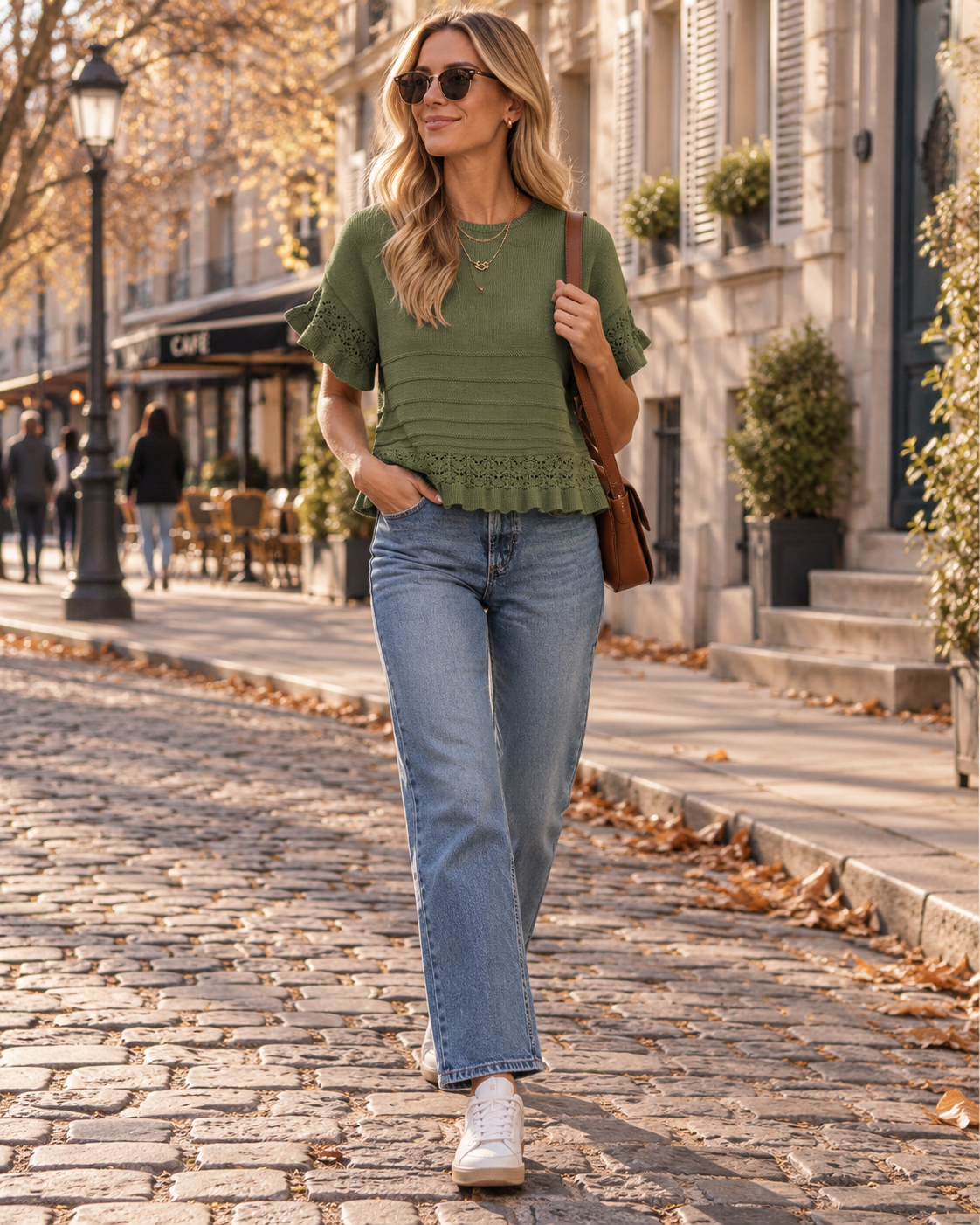 Michaela Pull Léger Femme – Maille Ajourée, Col Rond et Manches Courtes à Volants