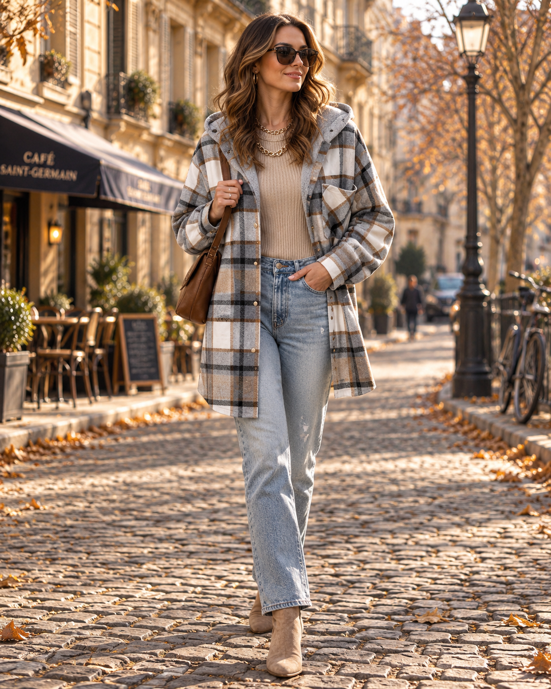 Florencia Veste chemise femme à carreaux – Capuche doublée, coupe oversize, manches longues