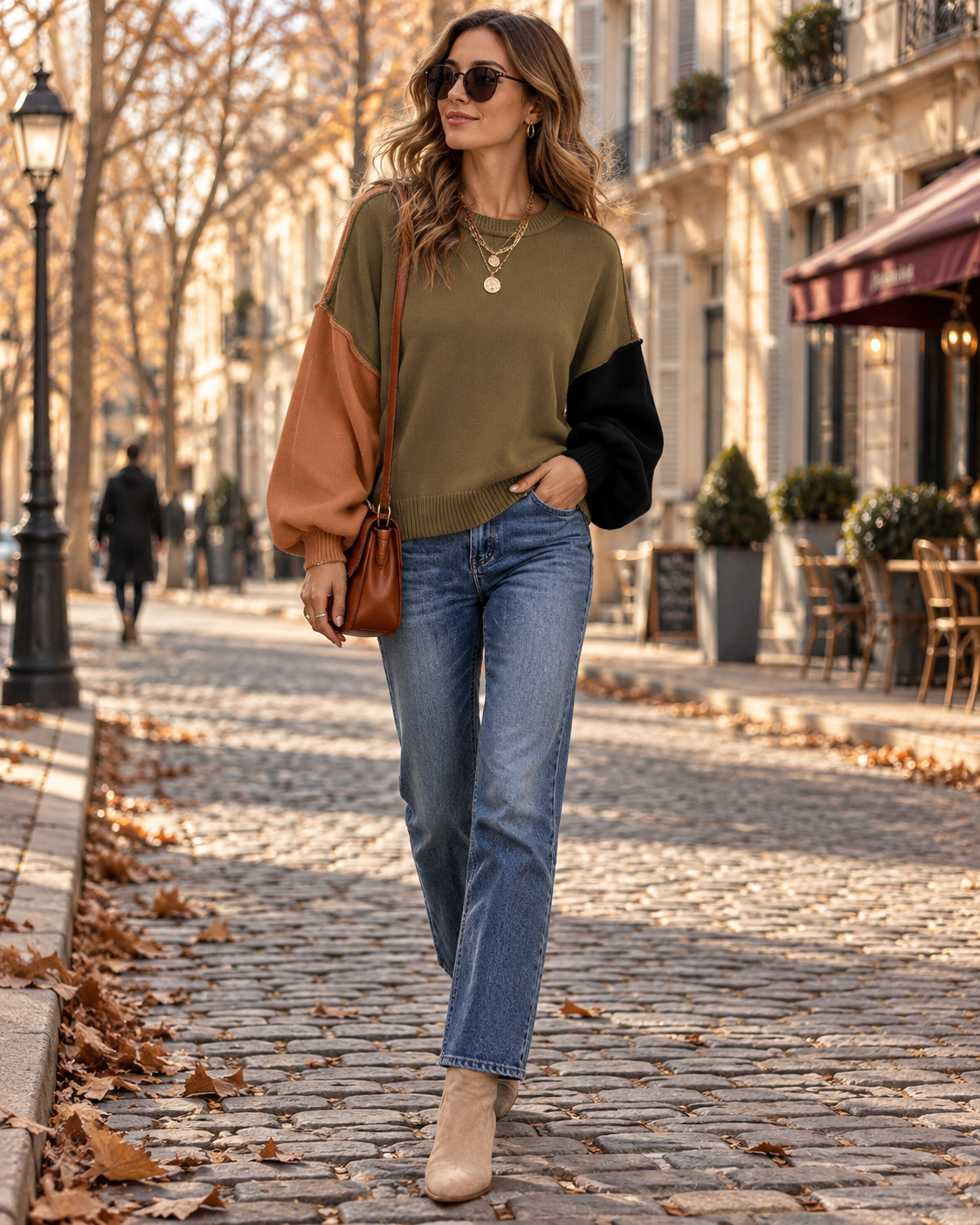 Faye Pull Bicolore Femme – Maille Coton, Coupe Ample, Manches Ballon & Col Rond