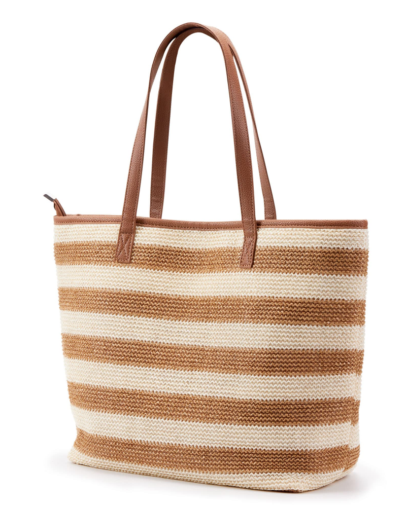 Delaney Sac de Plage Femme – Cabas en Paille Rayé avec Poignées en PU & Fermeture Éclair