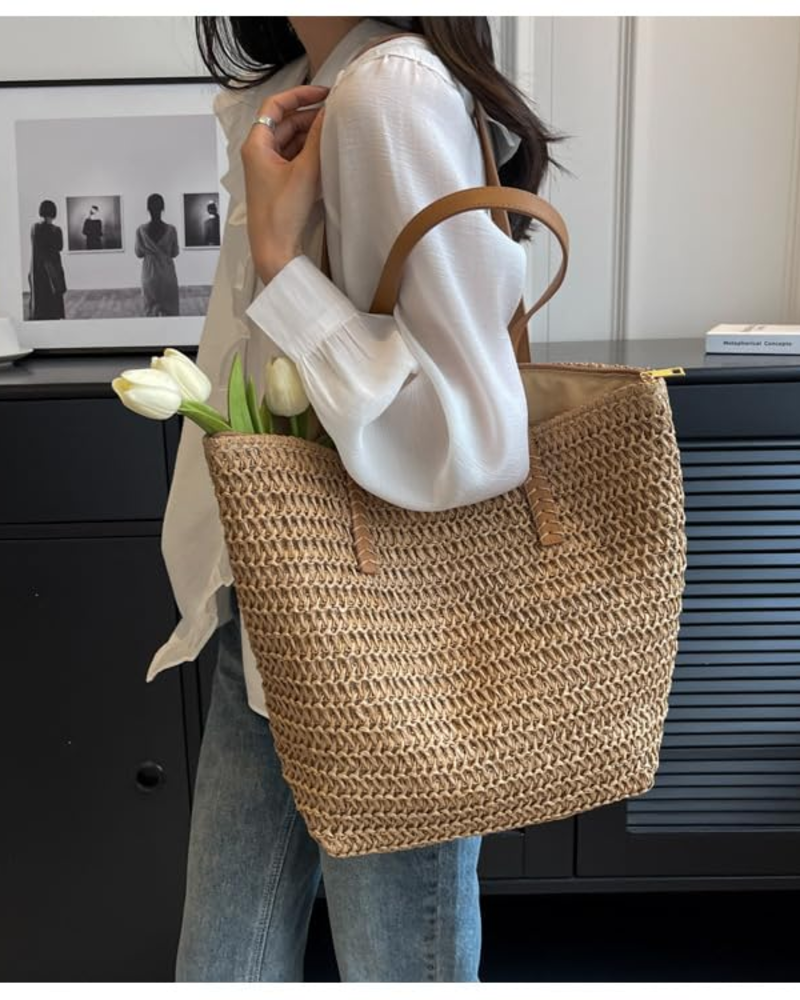 Harlow Sac de Plage Femme – Cabas en Paille avec Fermeture Éclair & Poignées en PU
