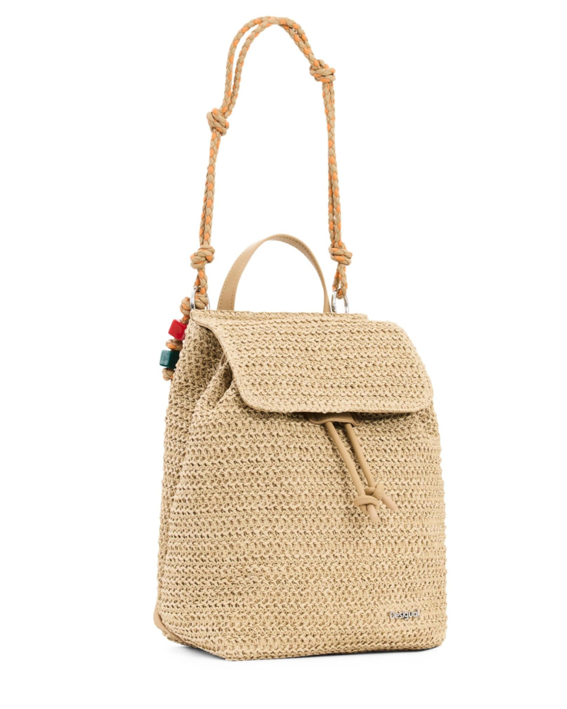 Finley Sac à Dos Femme – Petit Sac en Raphia Rabat Cordon Coulissant Bretelles Réglables