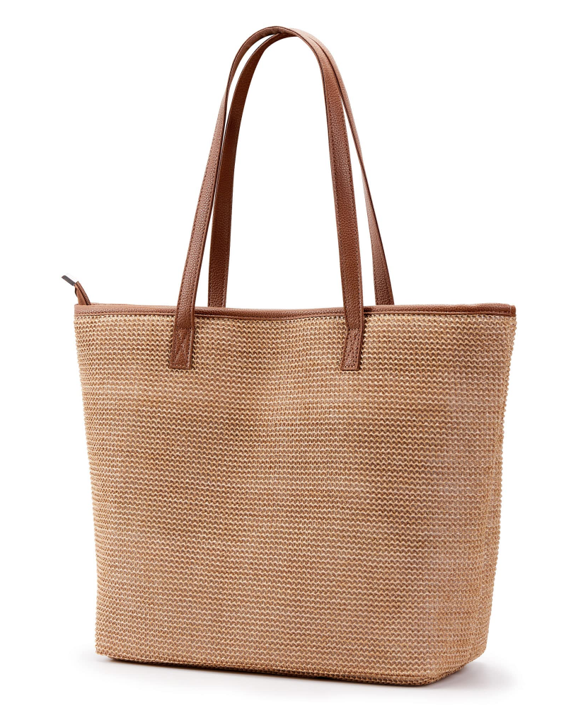 Delaney Sac de Plage Femme – Cabas en Paille Rayé avec Poignées en PU & Fermeture Éclair