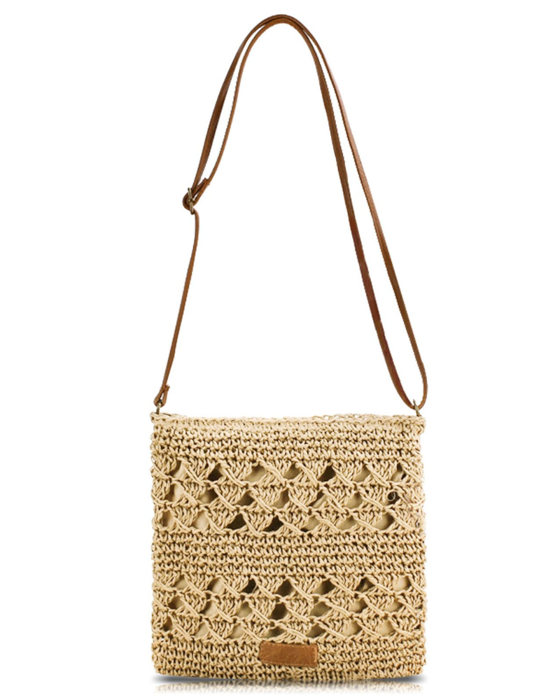 Bianca Sac Bandoulière Femme – Sac en Paille Tressée Bohème Fermeture Zip Bandoulière Réglable