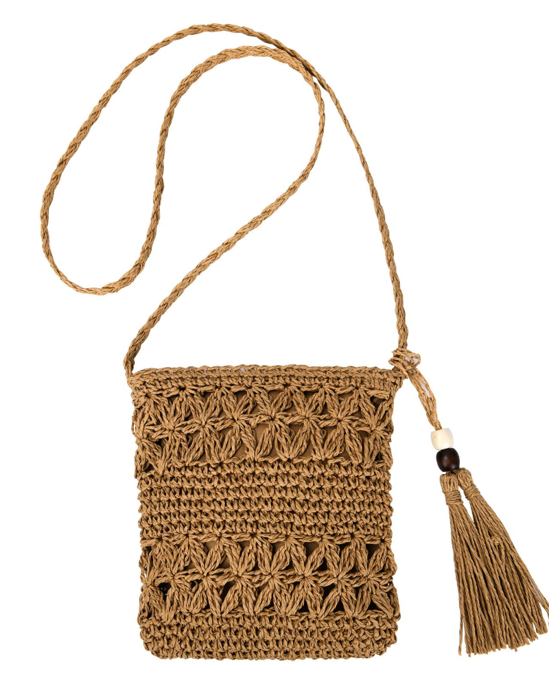 Aubrielle Sac en Paille Femme – Sac Bandoulière Bohème Tressé avec Pompon & Fermeture Éclair