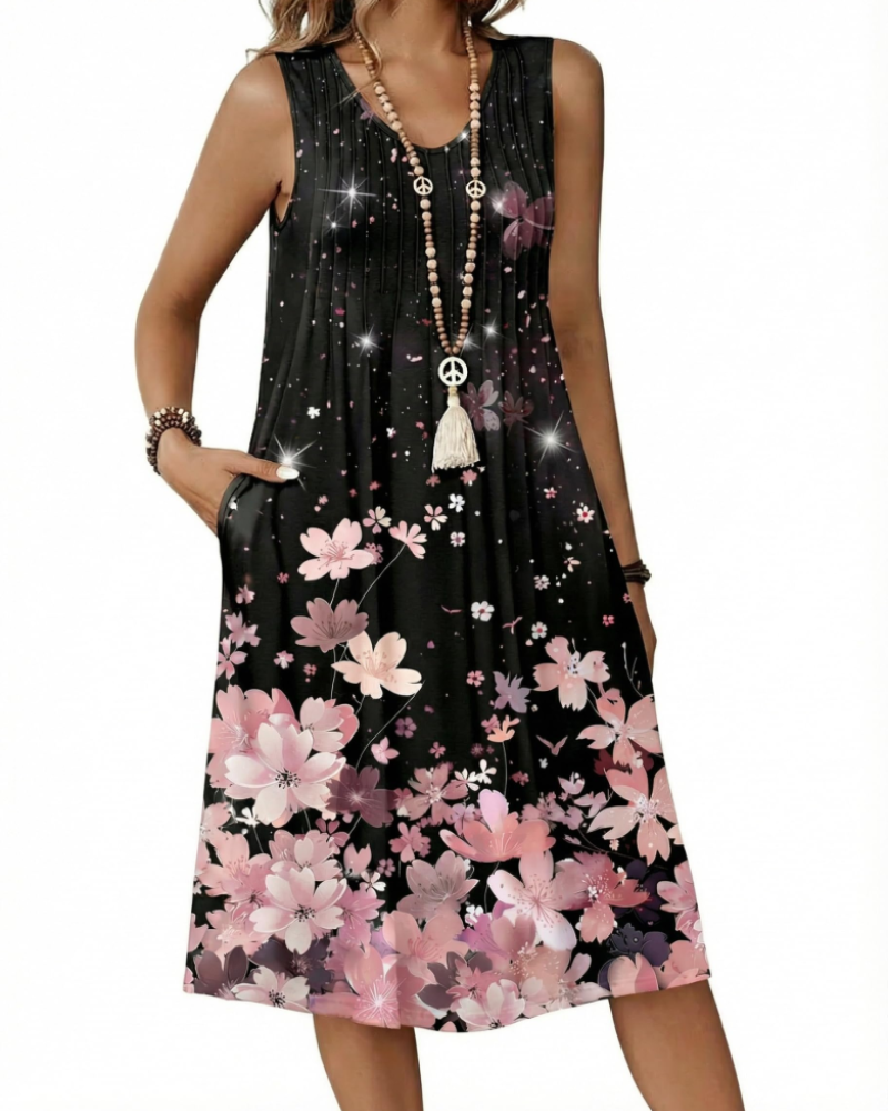 Quinn Robe Midi Femme – Robe Sans Manches Col V Plissée avec Poches Longueur Genou