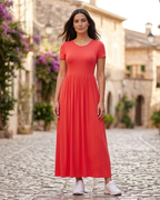 Abito Lungo Cambria Donna – Abito Maxi Svasato con Scollo Rotondo Maniche Corte Vita Arricciata