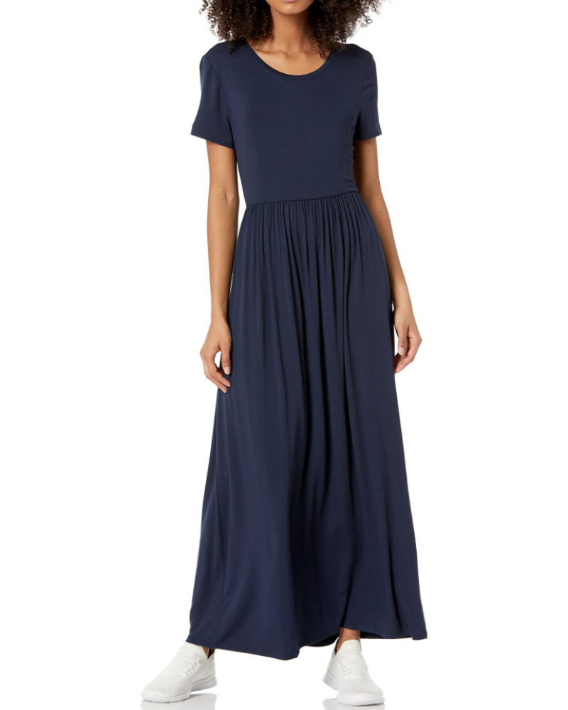 Cambria Robe Longue Femme – Robe Maxi Évasée Col Rond Manches Courtes Taille Froncée