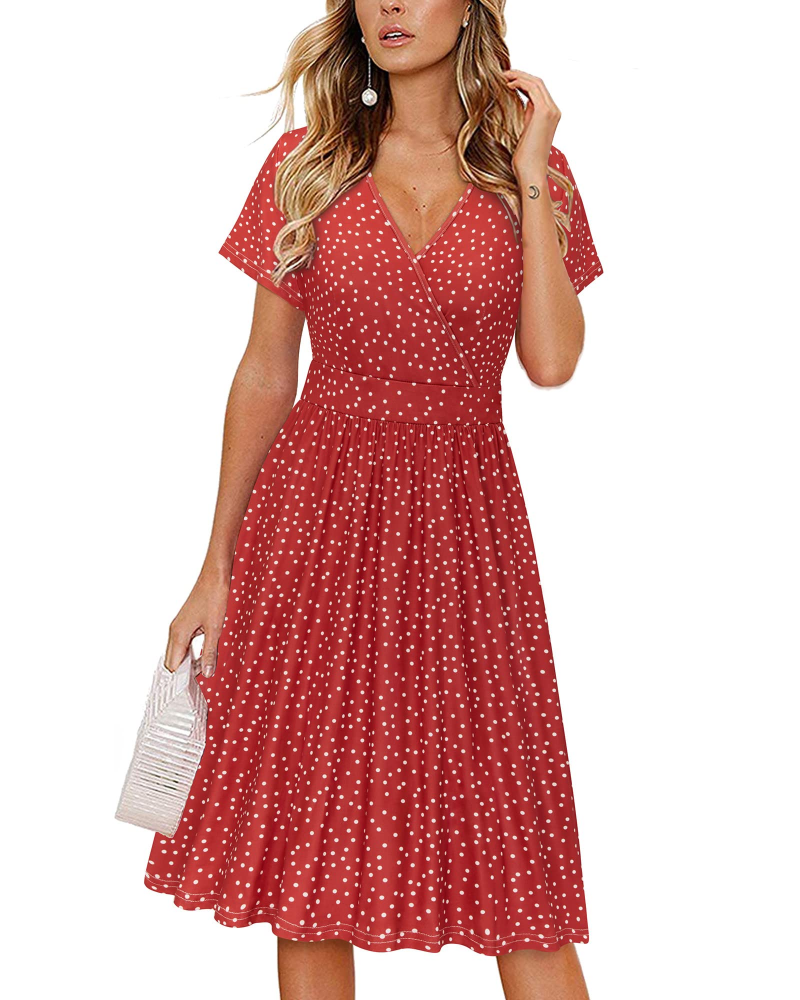 Reese Robe Femme Col V Cache-Cœur – Robe Évasée avec Poches Manches Courtes Longueur Genou