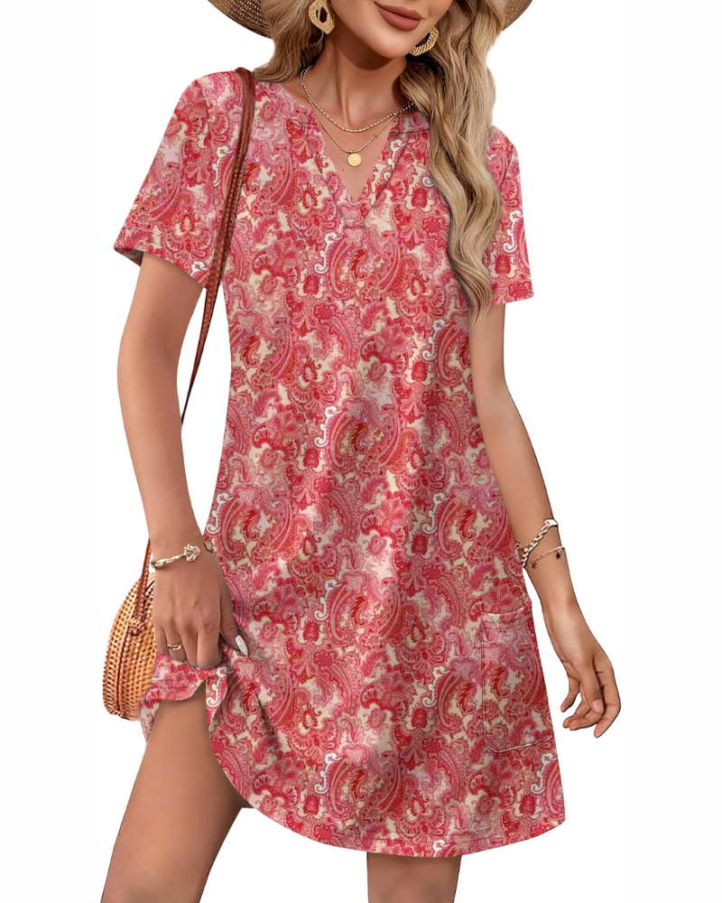 Brianna Robe Midi Femme – Robe Col V Ample avec Poches Manches Courtes Style Bohème