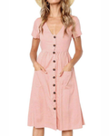 Lydia Robe Midi Femme – Robe Col V Style T-Shirt avec Poches Taille Empire et Boutons Décoratifs