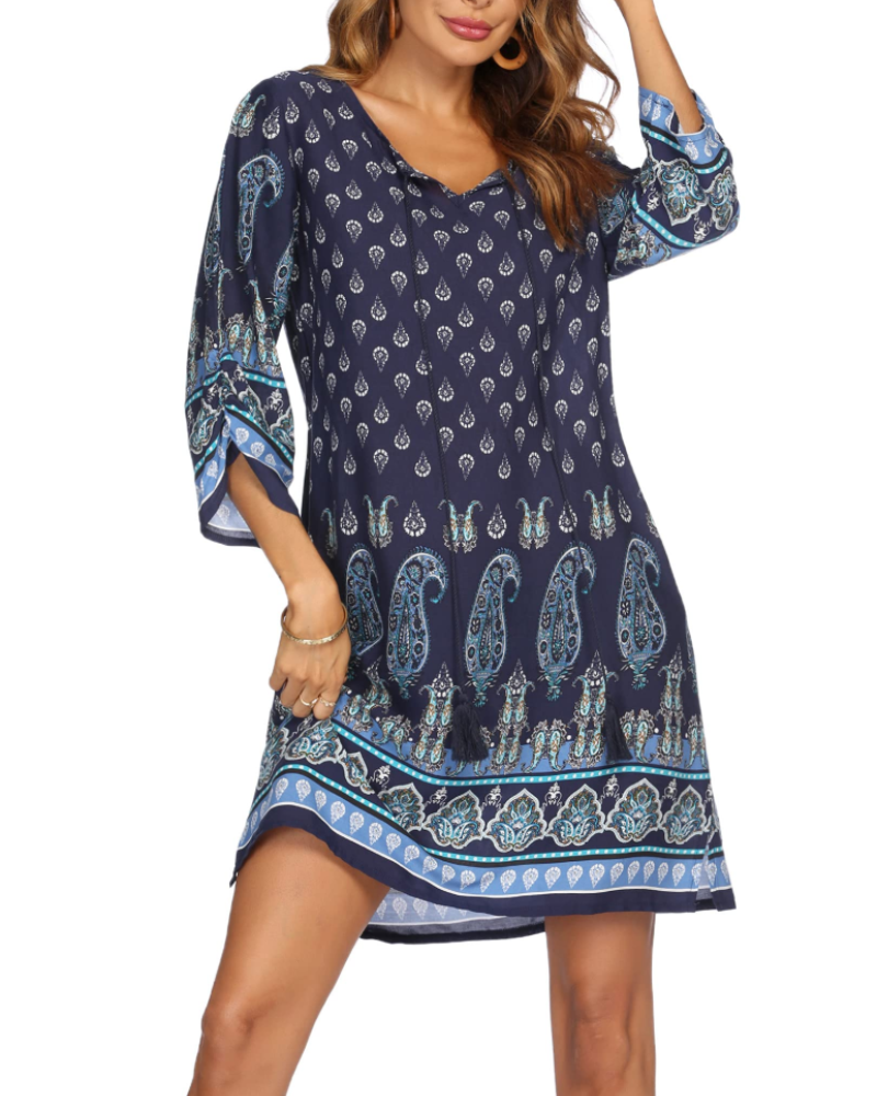 Marlowe Robe Bohème Femme – Robe Tunique Imprimée Col V à Pampilles Manches 3/4 Ample