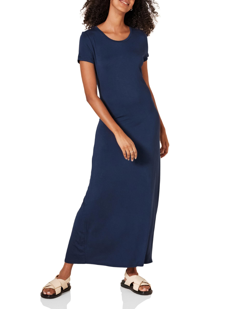 Vestido Largo Corinne Mujer – Vestido Maxi con Cuello Redondo, Mangas Cortas de Jersey Elástico y Corte Ajustado