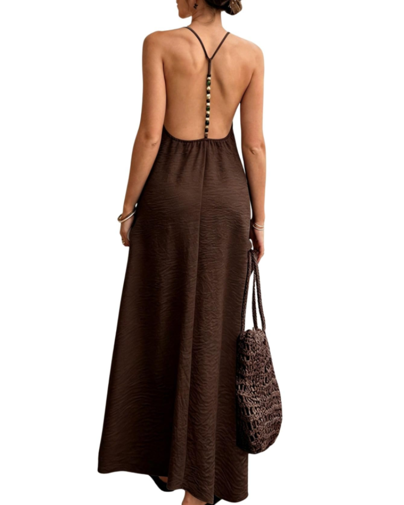 Phoebe Robe Maxi Femme – Robe Dos Nu Col V à Bretelles Perlées Style Bohème
