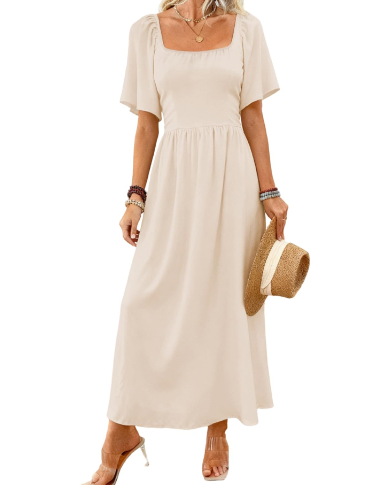 Fiona Robe Longue Femme – Maxi Robe Col Carré Taille Empire Manches Papillon