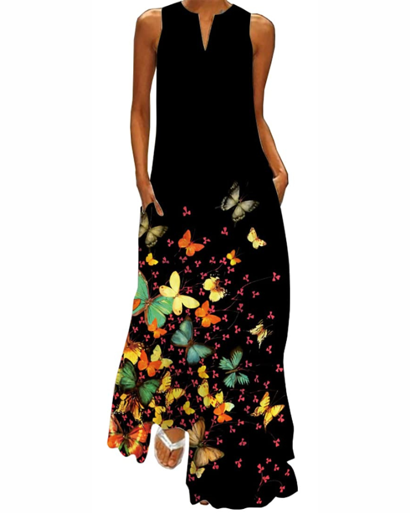 Juniper Robe Longue Femme – Maxi Robe Fleurie Col V Sans Manches avec Poches